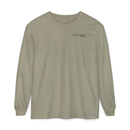 Sage green unisex Comfort Colors long-sleeve shirt with text Beech Mountain - The 5506 on the front