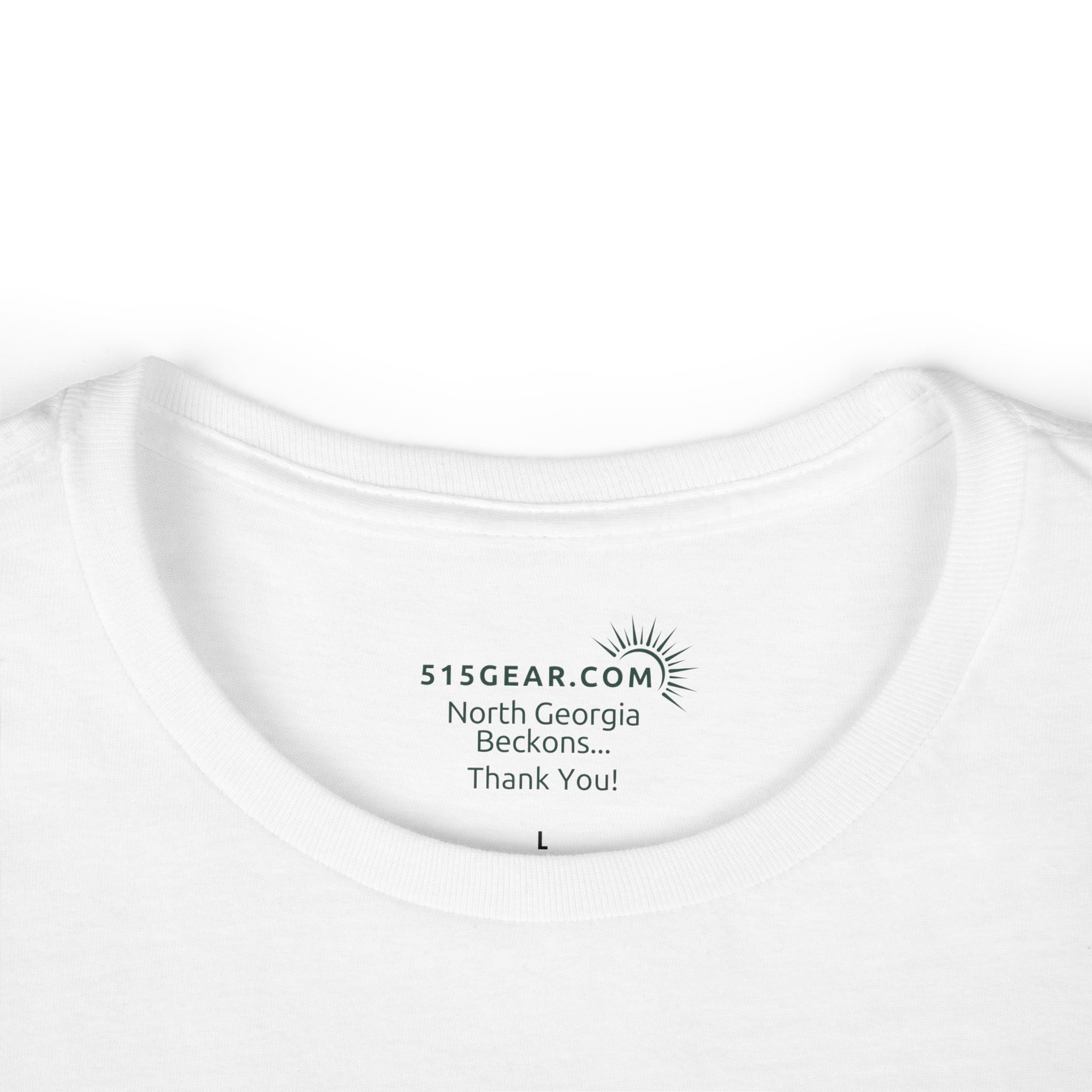White t-shirt with printed text and logo on a white background
