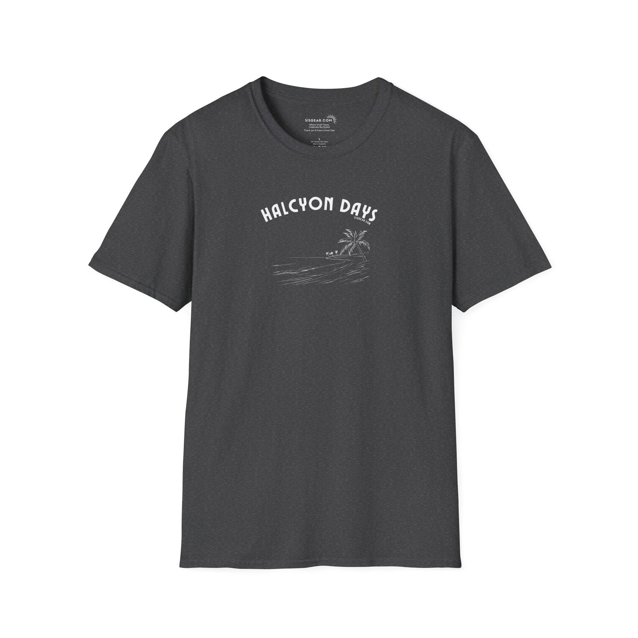 Dark gray unisex t-shirt with 'Halcyon Days' text and palm tree beach graphic 