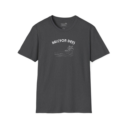 Dark gray unisex t-shirt with 'Halcyon Days' text and palm tree beach graphic 