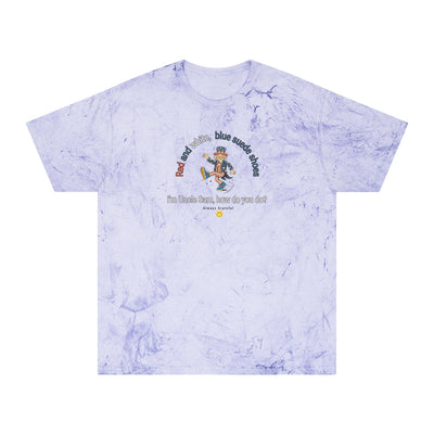Tie-dye t-shirt with Uncle Sam dancing and text "Red and White, Blue Suede Shoes..." 