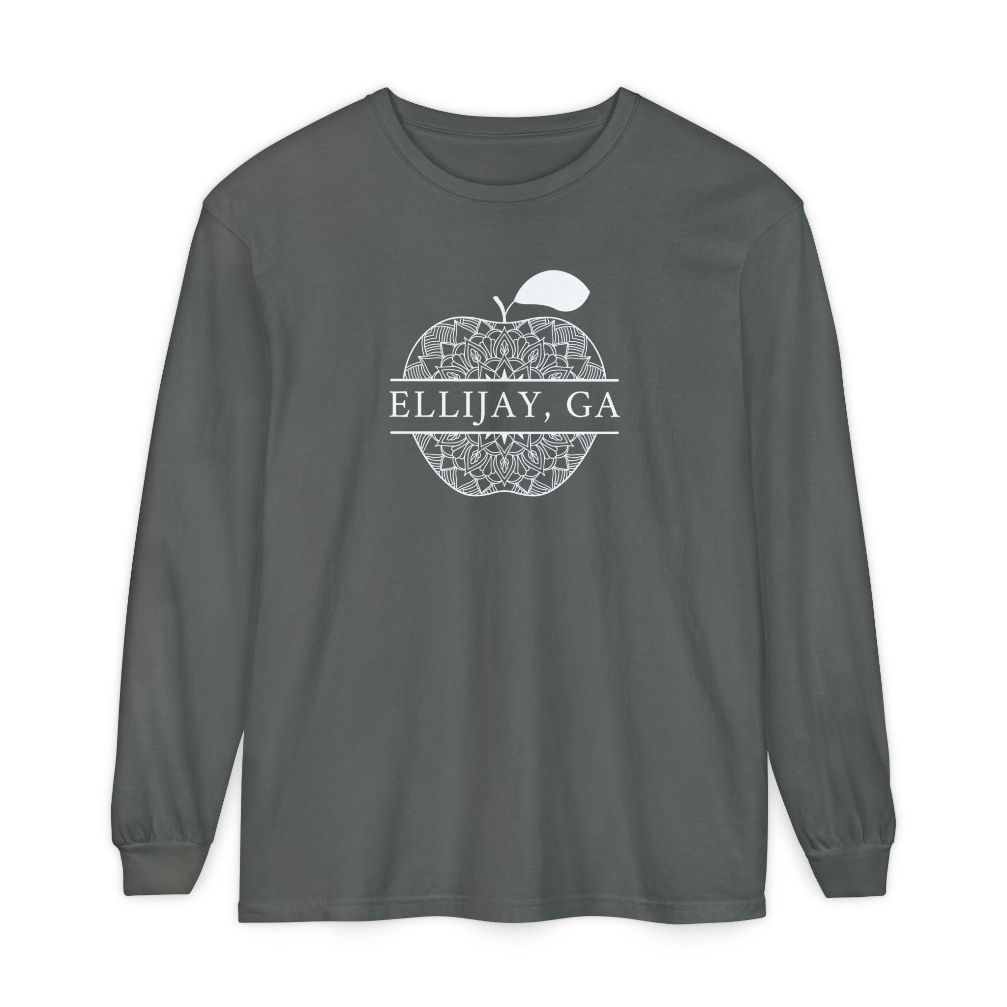 Gray Comfort Color long sleeve t-shirt with a apple design and 'Eliijay, GA' text 