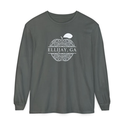 Gray Comfort Color long sleeve t-shirt with a apple design and 'Eliijay, GA' text 