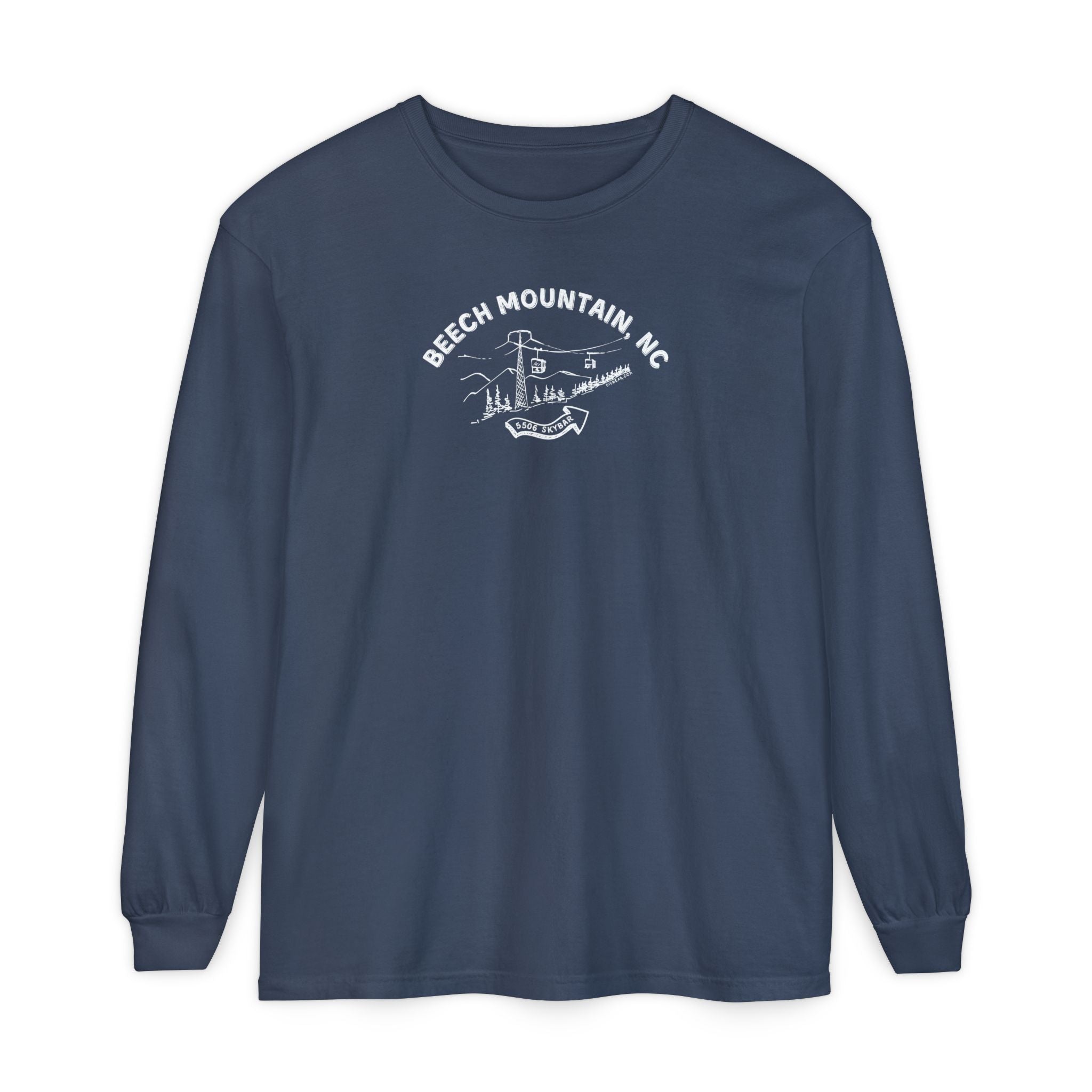 Navy blue comfort color long-sleeve t-shirt with text 'Beech Mountain, NC - 5506 Skybar'
