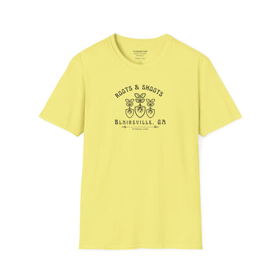 unisex adult T-shirt, Roots & Shoots, Garden shovel root leaf graphic, 515Gear.com | Blairsville, GA | celebrate gardening