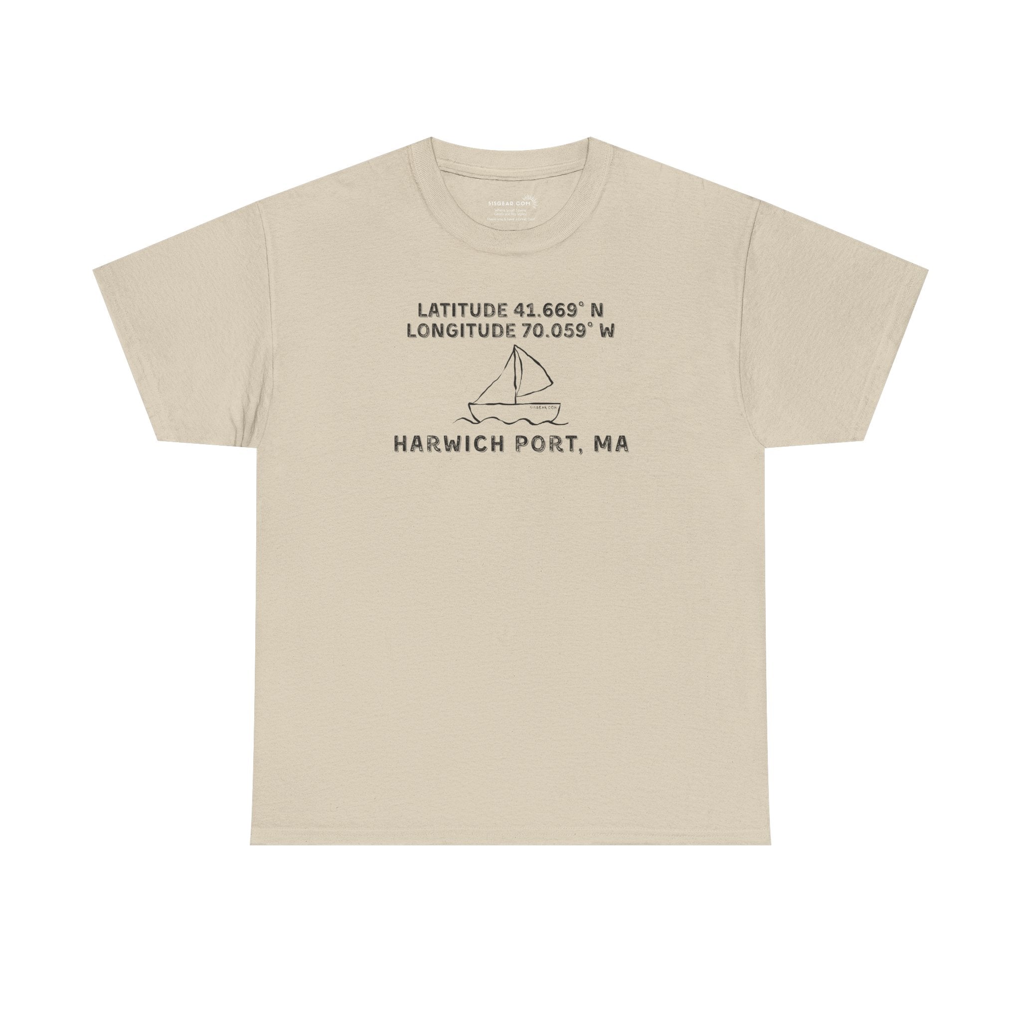 Beige t-shirt with text "Latitude 41.669 N Longitude 70.058 W - Harwich Port, MA" and sailboat graphic