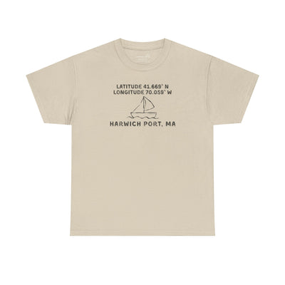 Beige t-shirt with text "Latitude 41.669 N Longitude 70.058 W - Harwich Port, MA" and sailboat graphic