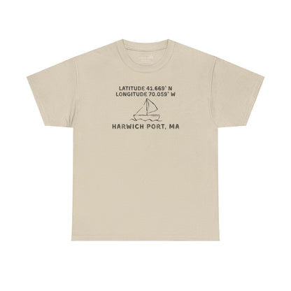 Beige t-shirt with text "Latitude 41.669 N Longitude 70.058 W - Harwich Port, MA" and sailboat graphic