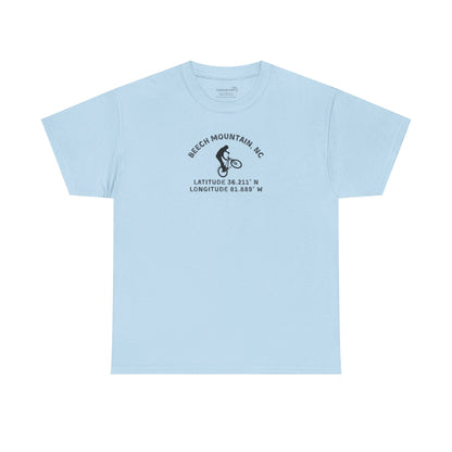 Light blue t-shirt with mountain bike graphic and text "Beech Mountain, NC" along with Latitude and Longitude" coordinates