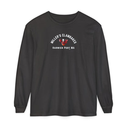 Black long-sleeve shirt with a happy lobster graphic and text "Miller's Clambakes Harwich Port, MA"