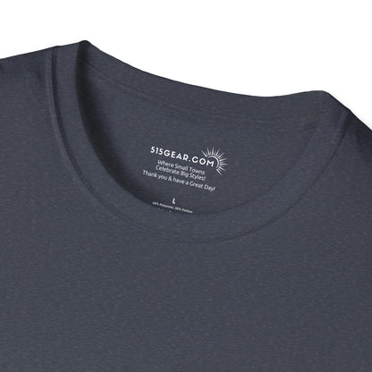 Navy blue t-shirt with a brand logo and text on the collar against a white background