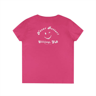 Pinkj women's v-neck shirt with a winking smiley face and "never better - Ellijay GA" text on the back by 515Gear.com