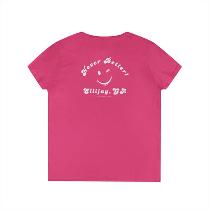 Pinkj women's v-neck shirt with a winking smiley face and "never better - Ellijay GA" text on the back by 515Gear.com