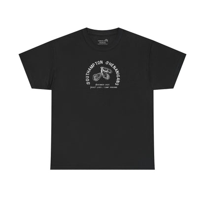 Black t-shirt with Oyster graphic and text "Southampton Shenanigans November 2025 Privet Lives Camp Viggiano"