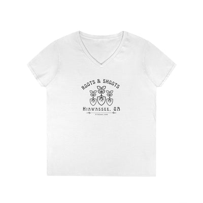 Women’s V-Neck T-shirt, Roots & Shoots, Garden shovel root leaf graphic, 515Gear.com | Hiawassee, GA | celebrate gardening 
