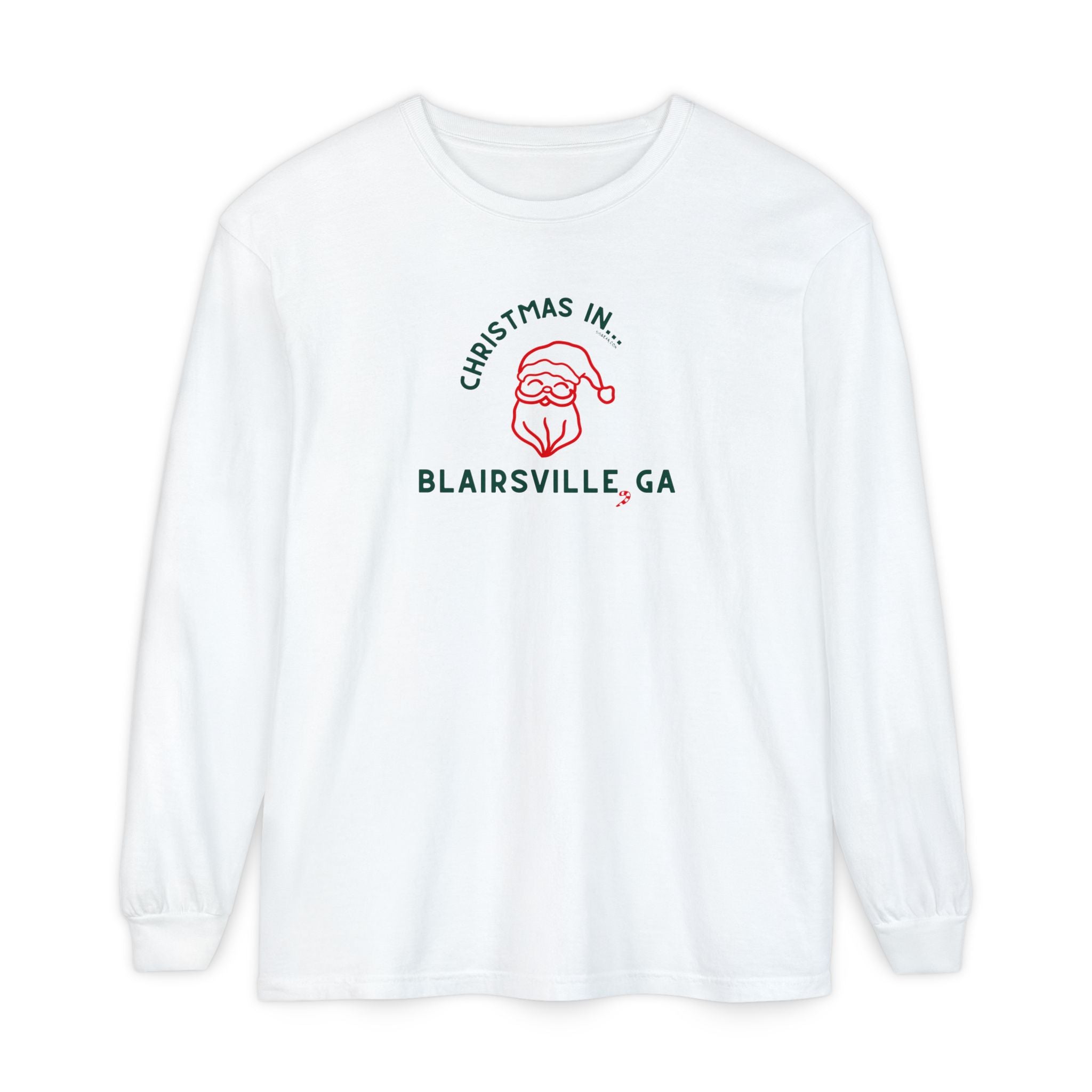 White long-sleeve Comfort Colors t-shirt with Santa graphic and text "Christmas in Blairsville, GA"