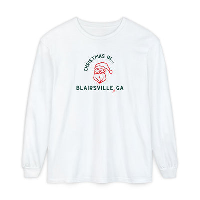 White long-sleeve Comfort Colors t-shirt with Santa graphic and text "Christmas in Blairsville, GA"