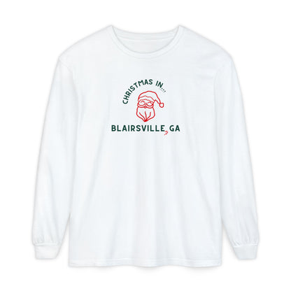 White long-sleeve Comfort Colors t-shirt with Santa graphic and text "Christmas in Blairsville, GA"