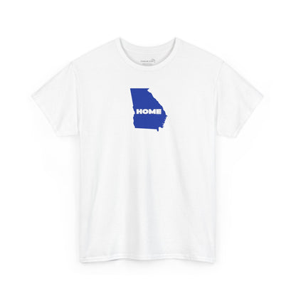 White Unisex Heavy Cotton Tee, 100% cotton with State of Georgia graphic and text "HOME" in college colors (Georgia State University)