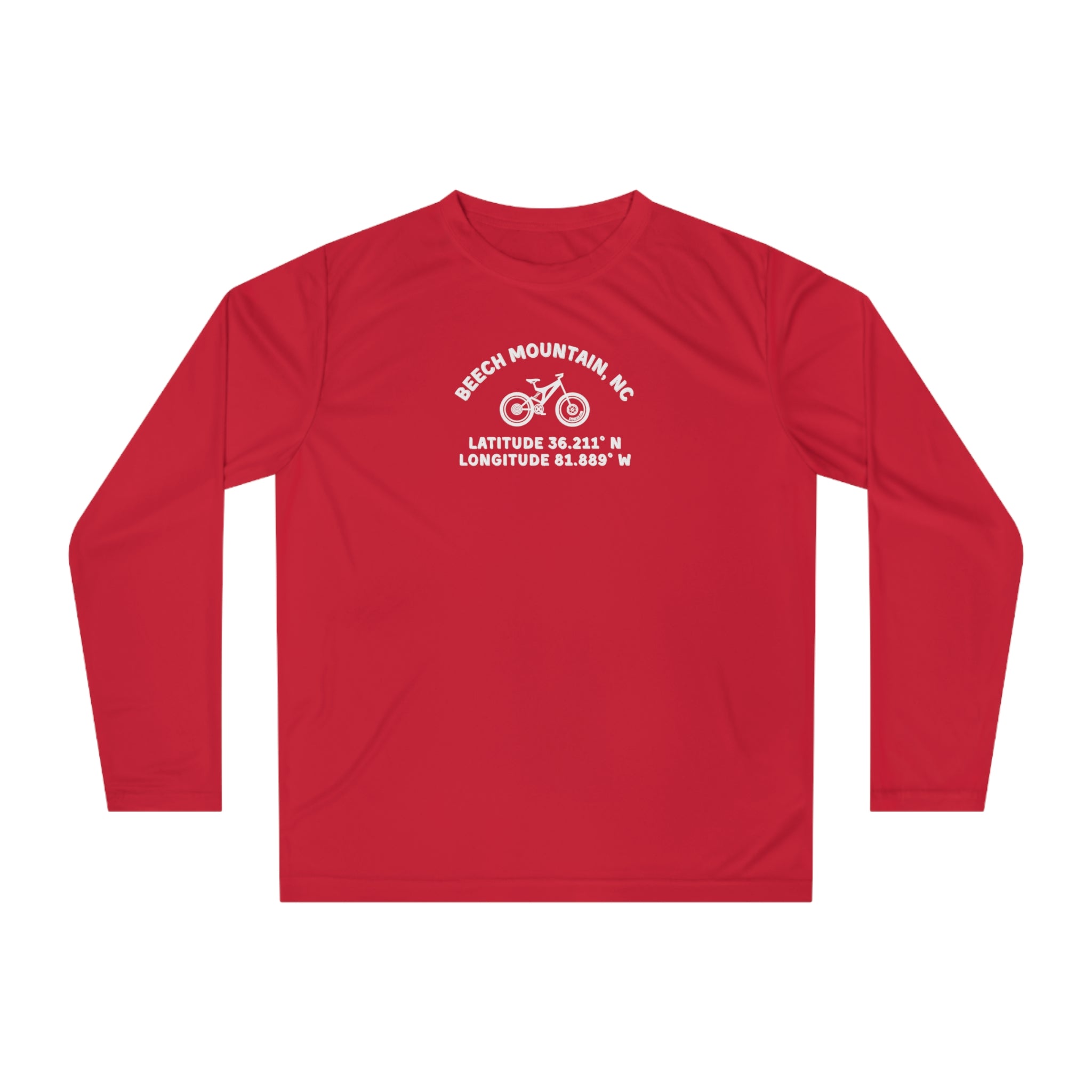 Red long-sleeve shirt with mountain bike graphic and text "Beech Mountain, NC - Latitude and Longitude" coordinates