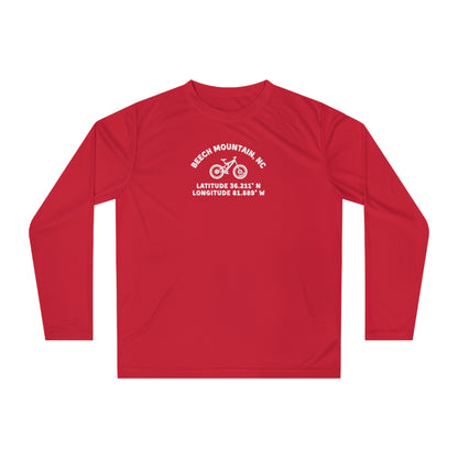 Red long-sleeve shirt with mountain bike graphic and text "Beech Mountain, NC - Latitude and Longitude" coordinates