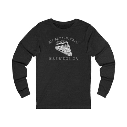Black long-sleeve shirt with train graphic and text "All Aboard, Y'all - Blue Ridge, GA" 