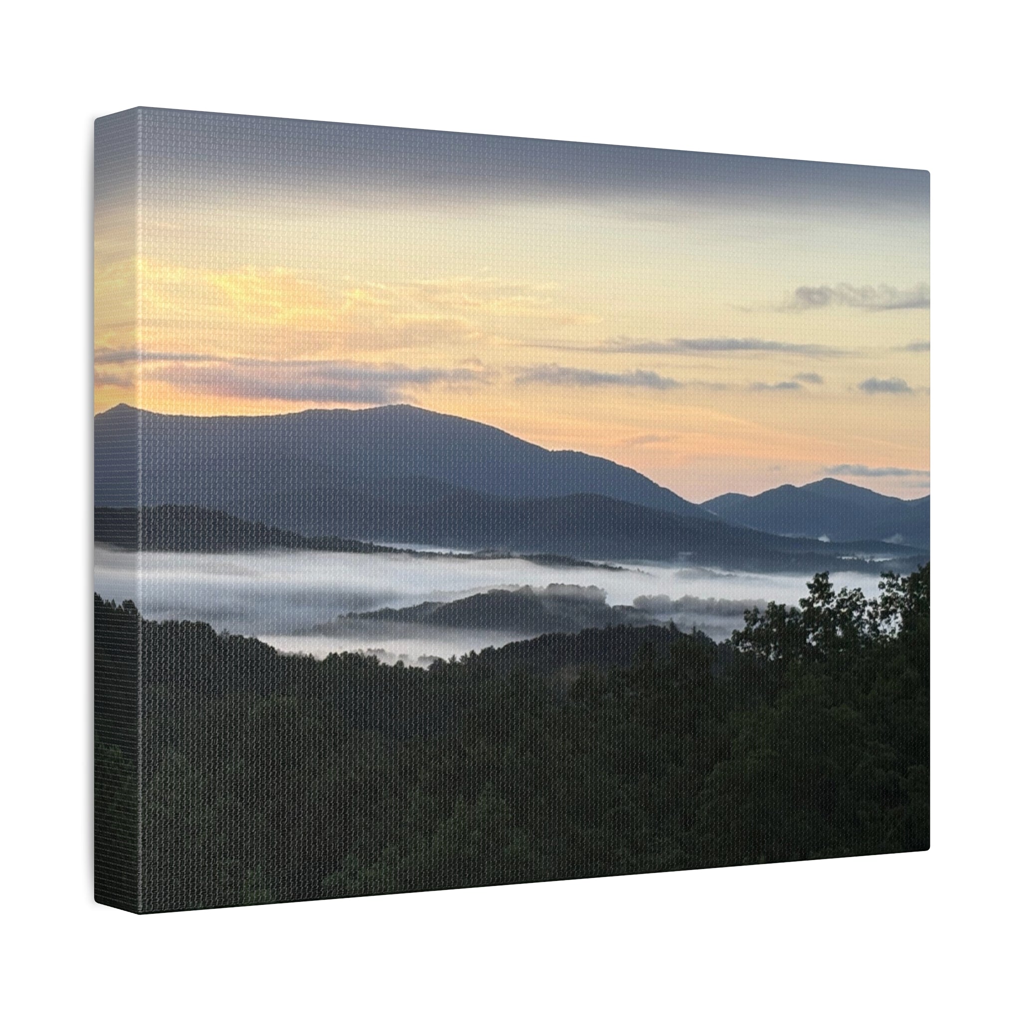Surreal misty mountain sunrise in the blue ridge mountains canvas wall print on a white wall