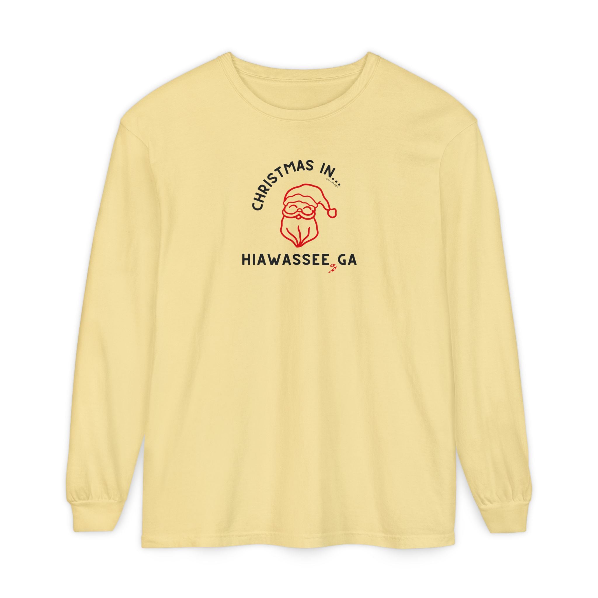 Yellow llong-sleeve unisex Comfort Colors t-shirt with Christmas graphic and text "Christmas in Hiawassee, GA"