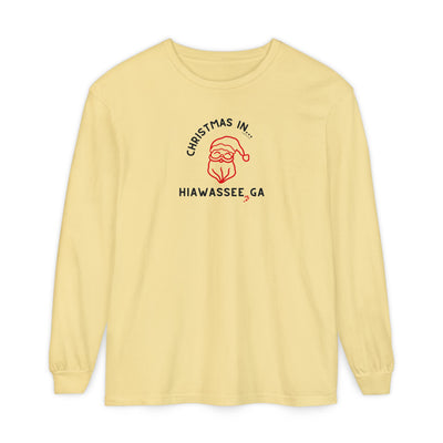 Yellow llong-sleeve unisex Comfort Colors t-shirt with Christmas graphic and text "Christmas in Hiawassee, GA"