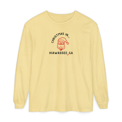 Yellow llong-sleeve unisex Comfort Colors t-shirt with Christmas graphic and text "Christmas in Hiawassee, GA"