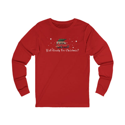 Red long-sleeve shirt with Christmas-themed graphic and text "Y'All Ready For Christmas?"