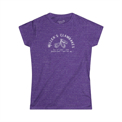 Purple t-shirt with Oyster shell graphic and text Miller's Clambakes