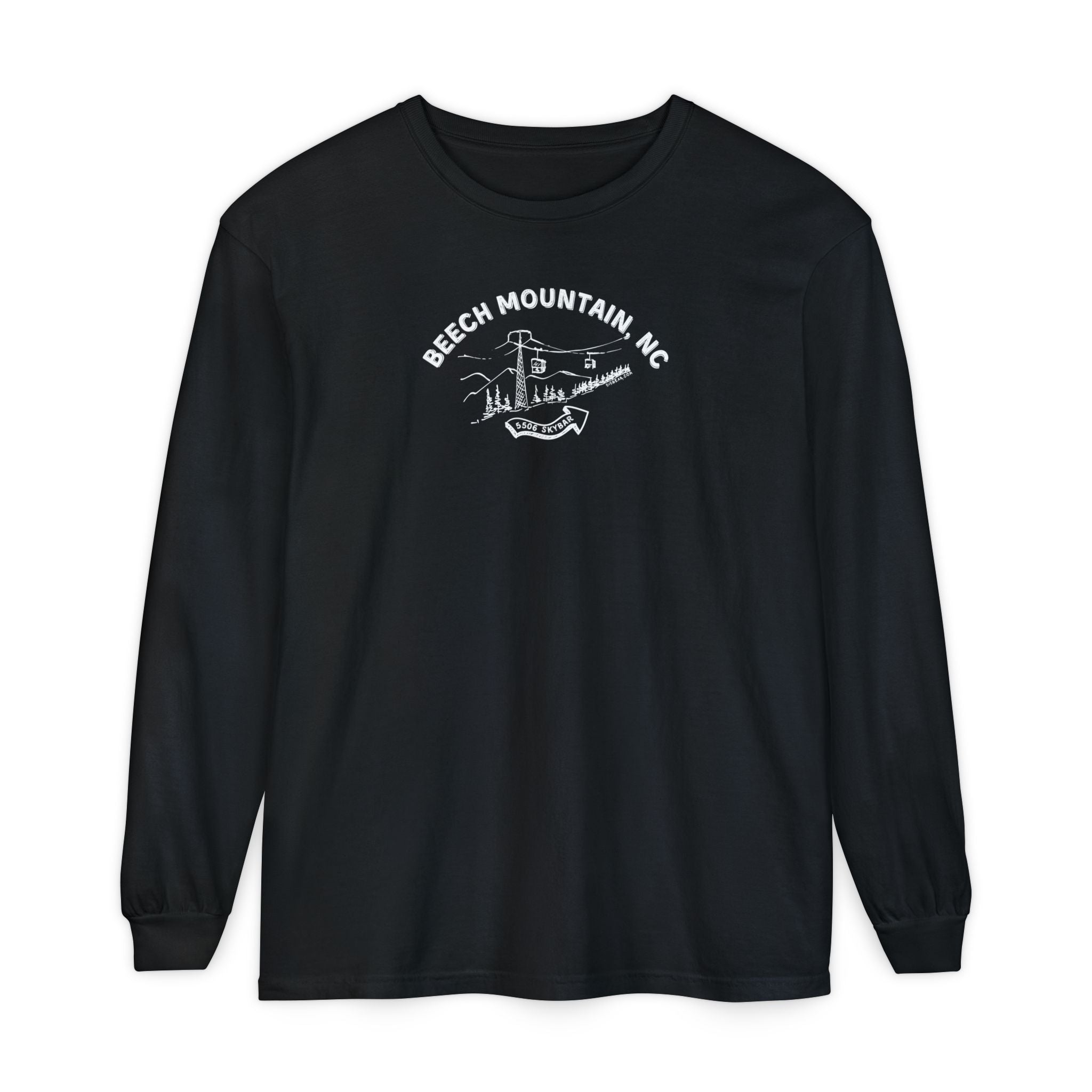 Black comfort color long-sleeve t-shirt with text 'Beech Mountain, NC - 5506 Skybar'