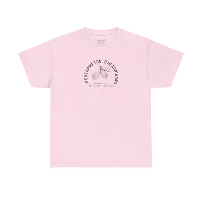 Pink t-shirt with Oyster graphic and text "Southampton Shenanigans November 2025 Privet Lives Camp Viggiano"