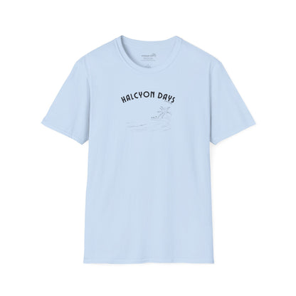 Light blue unisex t-shirt with 'Halcyon Days' text and palm tree beach graphic 