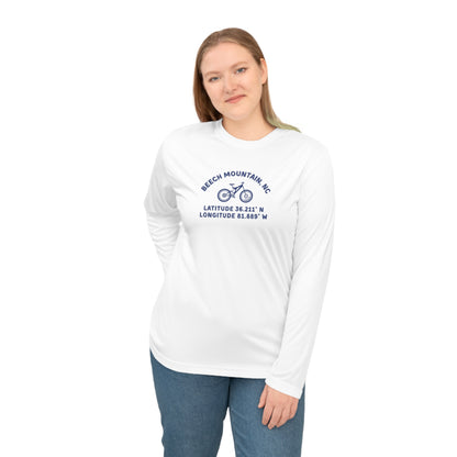 Woman wearing a white long-sleeve shirt with mountain bike graphic and text "Beech Mountain, NC - Latitude and Longitude" coordinates
