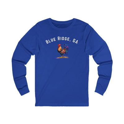 Blue long-sleeve shirt with 'Blue Ridge, GA' and rooster design on a white background