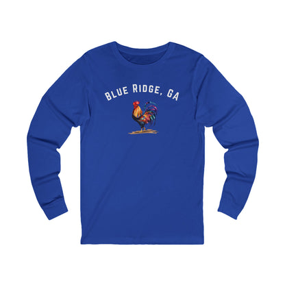Blue long-sleeve shirt with 'Blue Ridge, GA' and rooster design on a white background