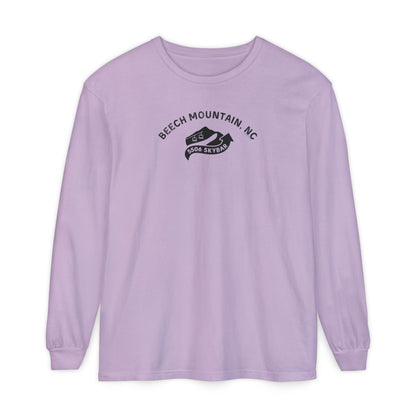 Purple Comfort Colors long-sleeve t-shirt with 'Beech Mountain, NC - 5506 Skybar' text and mountain lift graphic