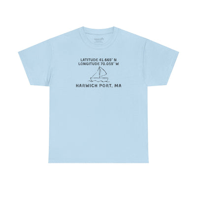 Light blue t-shirt with text "Latitude 41.669 N Longitude 70.058 W - Harwich Port, MA" and sailboat graphic