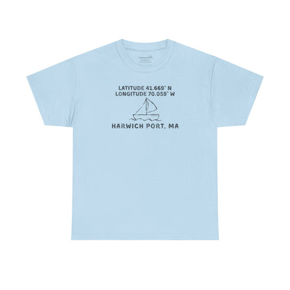 Light blue t-shirt with text "Latitude 41.669 N Longitude 70.058 W - Harwich Port, MA" and sailboat graphic