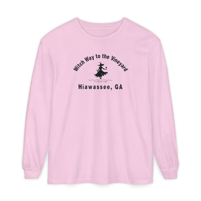 Pink unisex long sleeve t-shirt with sassy witch graphic holding a glass of wine and text "Witch Way to the Vineyard - Hiawassee GA" by 515Gear.com