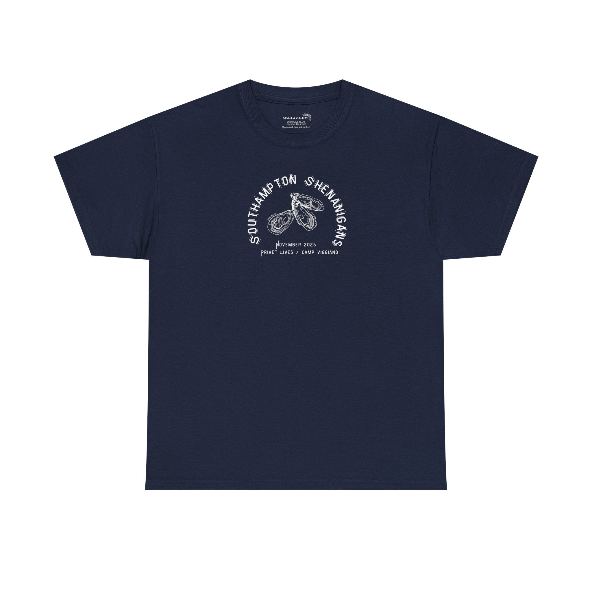 Navy blue t-shirt with Oyster graphic and text "Southampton Shenanigans November 2025 Privet Lives Camp Viggiano"