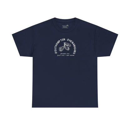 Navy blue t-shirt with Oyster graphic and text "Southampton Shenanigans November 2025 Privet Lives Camp Viggiano"