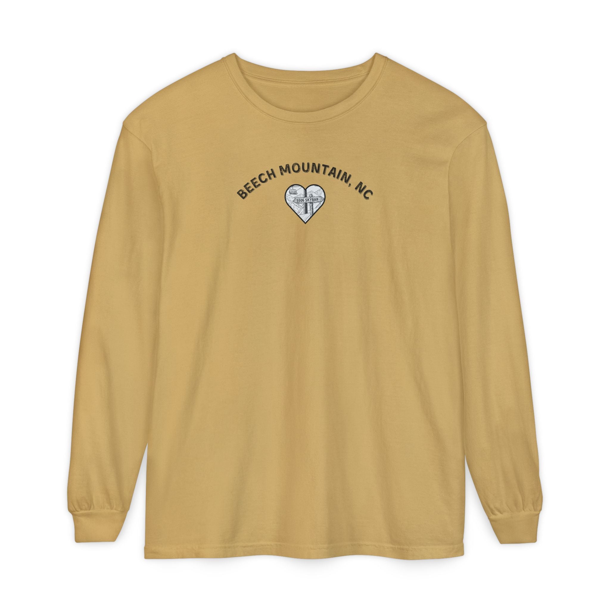 Mustard Comfort Colors® long-sleeve tee with a heart-shaped illustration of Beech Mountain’s slopes, chairlift, and sign pointing to 5506 Skybar 
