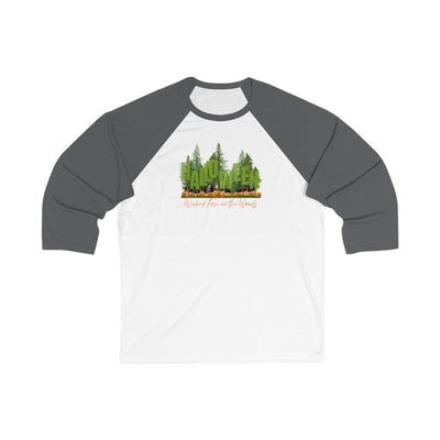 Black 3/4 sleeve ringer t-shirt with a graphic of a forest with Jack-o-lanterns, standing and text "Halloween - Wicked Fun in Woods" by 515Gear.com