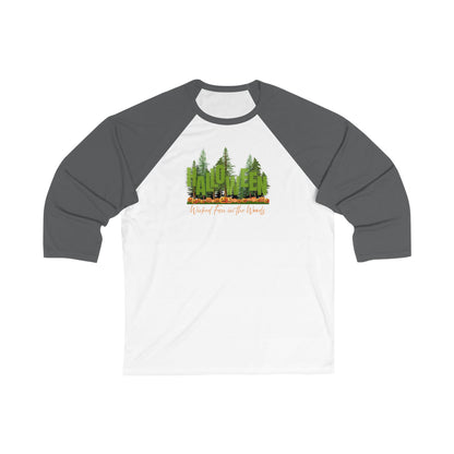 Black 3/4 sleeve ringer t-shirt with a graphic of a forest with Jack-o-lanterns, standing and text "Halloween - Wicked Fun in Woods" by 515Gear.com