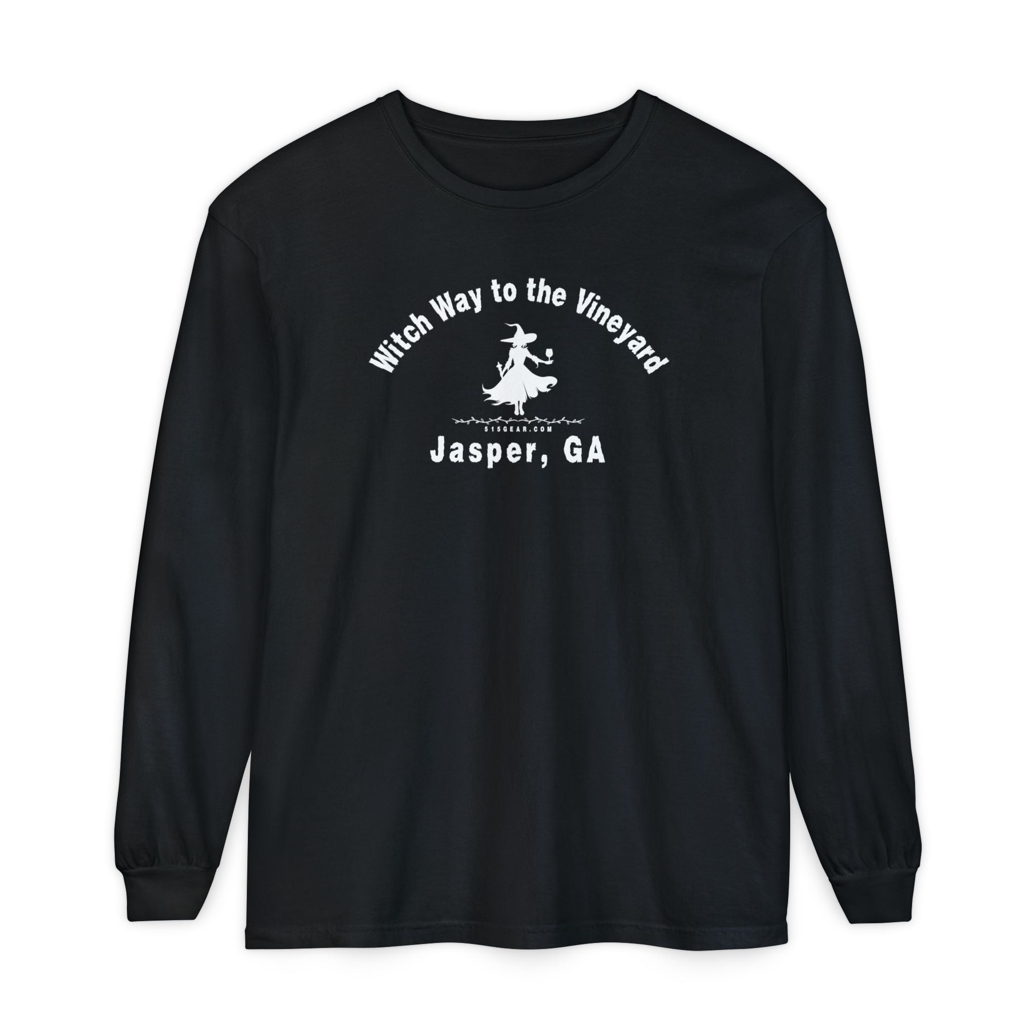 Black long sleeve t-shirt with sassy witch graphic holding a glass of wine and text "Witch Way to the Vineyard - Jasper GA" by 515Gear.com