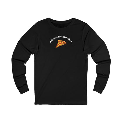 Black long-sleeve shirt with pizza slice graphic and text "delicious not nutritious"