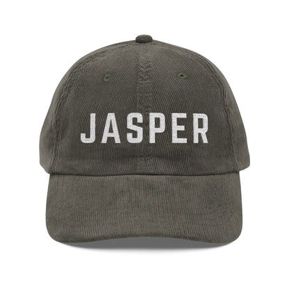 Olive corduroy hat with JASPER embroidered in white by 515Gear.com
